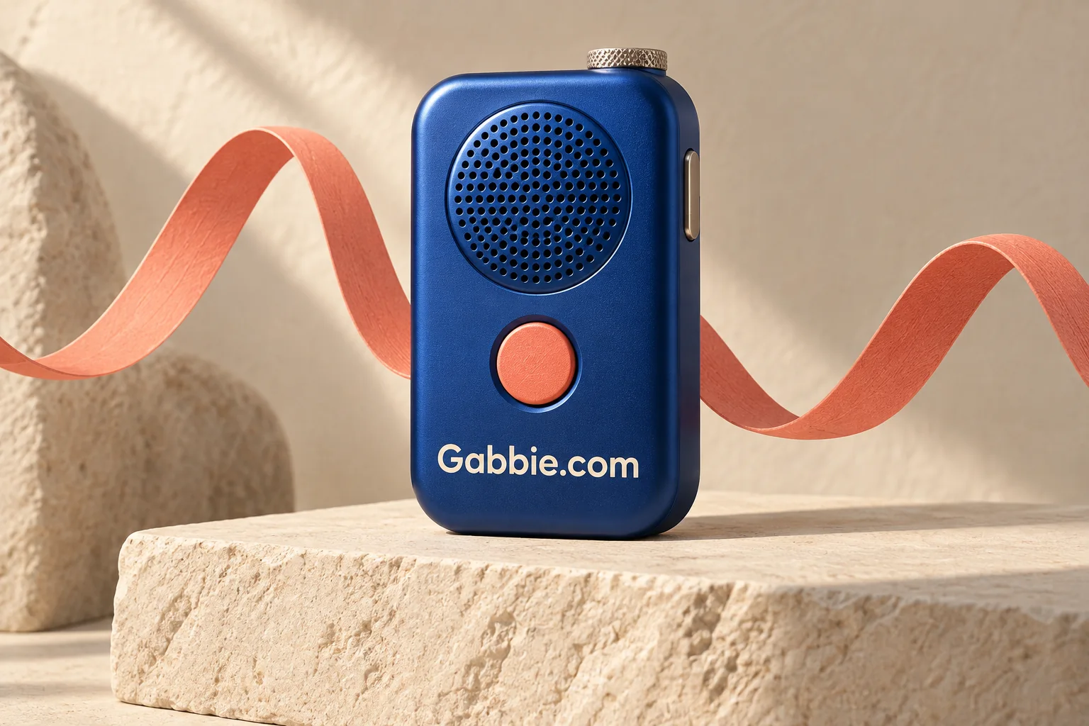 Cobalt Gabbie.com voice recorder surrounded by a coral signal ribbon
